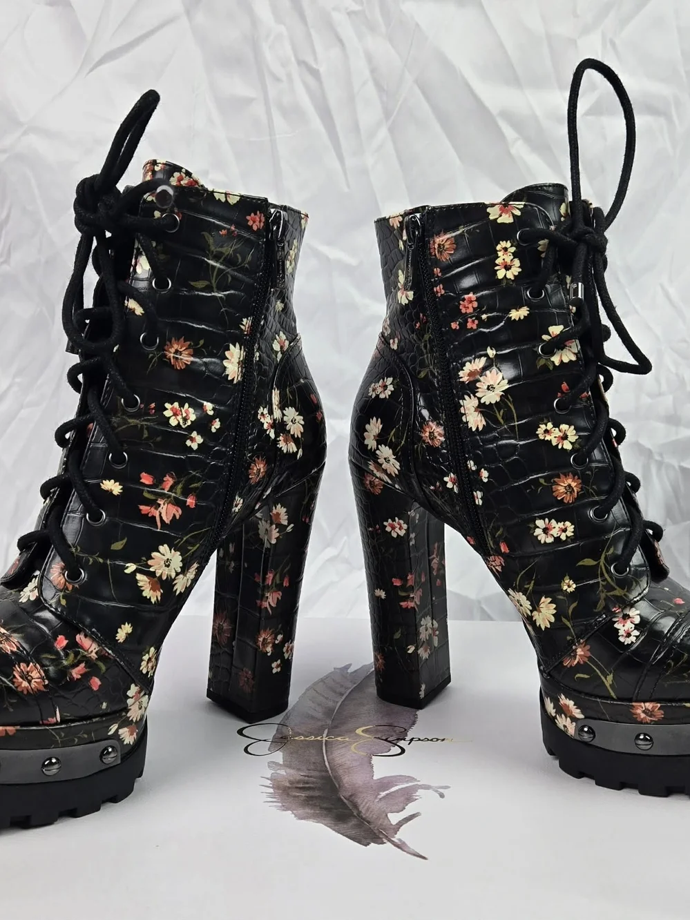 Jessica Simpson Black Floral Lace-Up Platform Ankle Boots